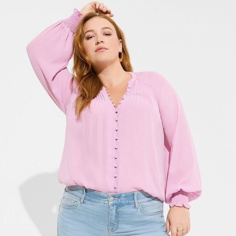 Torrid Georgette Smocked Blouson Sleeve Blouse Mauve Mist 1X NWT